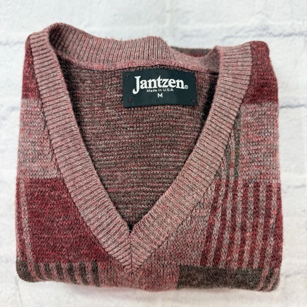 Vintage 80s Jantzen Wool‎ Blend Sweater Men's M Red V Neck Geometric USA Dad
